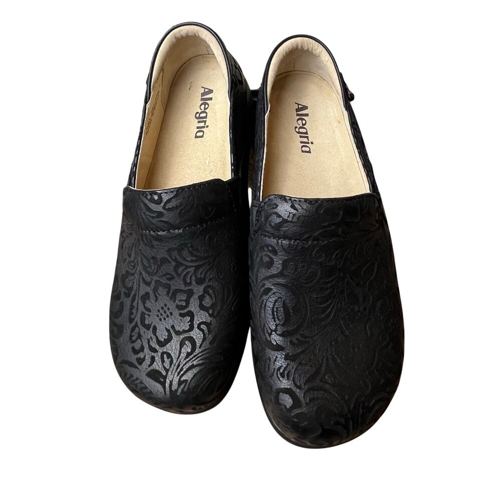 Alegria Keli Black Embossed Paisley Leather Slip On Clogs Shoes Women's US 7-7.5